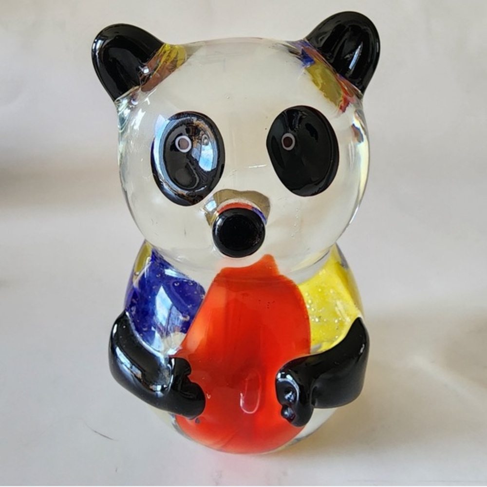 Panda Bear Art Glass Hand Blown Bear  & Floral Paperweight vtg handblown